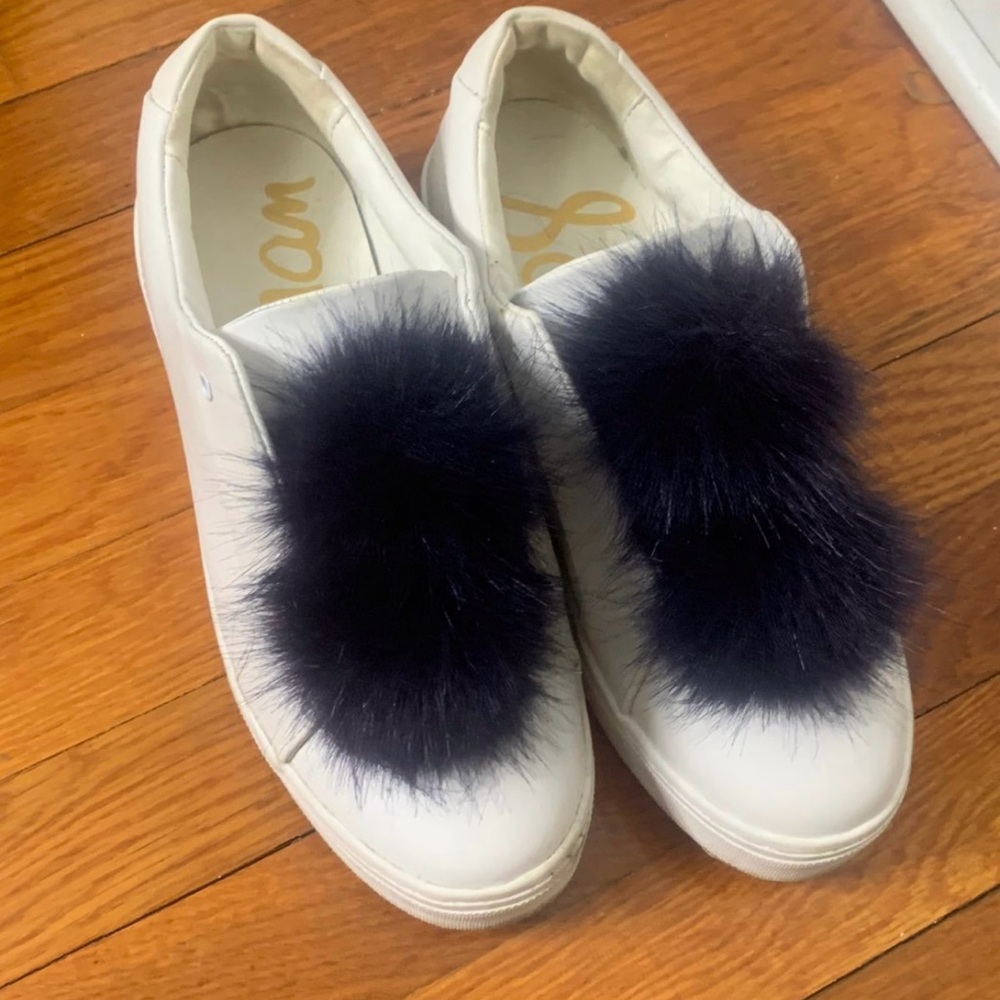 White Sneakers with Fur Pom Poms